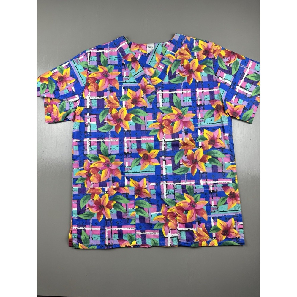Scrub Station VS Collection Size Small Women's V Neck Scrub Top Floral Bright